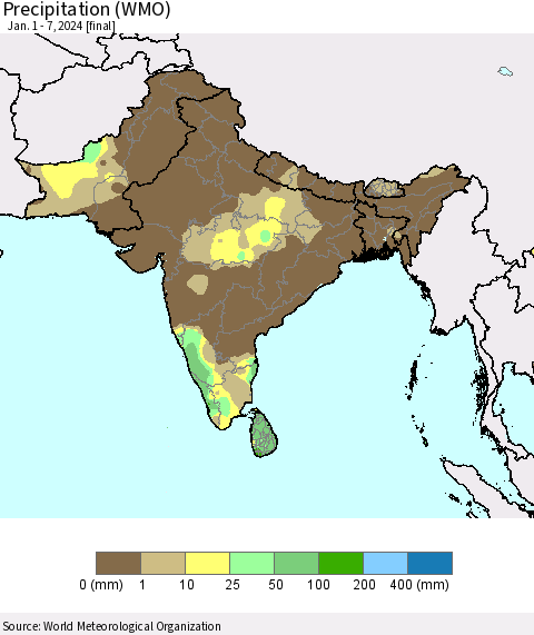 Southern Asia Precipitation (WMO) Thematic Map For 1/1/2024 - 1/7/2024