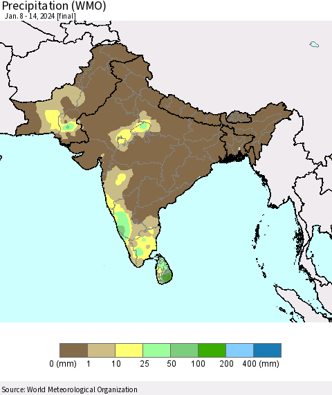 Southern Asia Precipitation (WMO) Thematic Map For 1/8/2024 - 1/14/2024