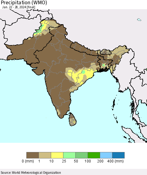 Southern Asia Precipitation (WMO) Thematic Map For 1/22/2024 - 1/28/2024