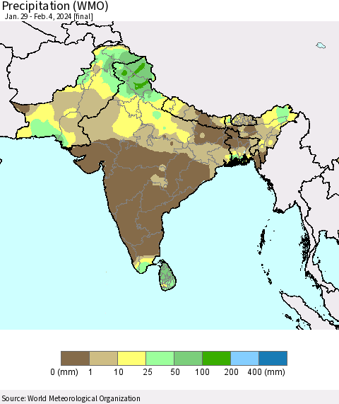 Southern Asia Precipitation (WMO) Thematic Map For 1/29/2024 - 2/4/2024