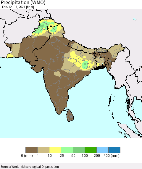 Southern Asia Precipitation (WMO) Thematic Map For 2/12/2024 - 2/18/2024