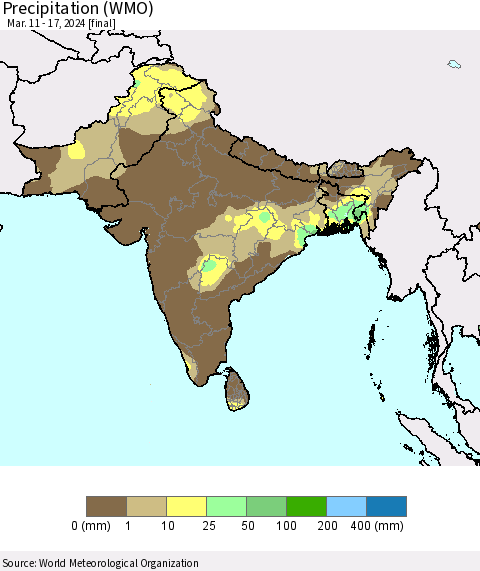 Southern Asia Precipitation (WMO) Thematic Map For 3/11/2024 - 3/17/2024