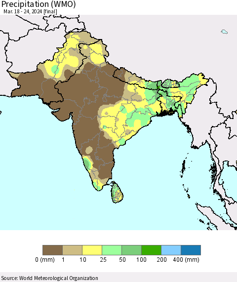 Southern Asia Precipitation (WMO) Thematic Map For 3/18/2024 - 3/24/2024