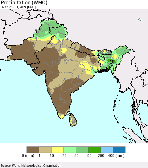 Southern Asia Precipitation (WMO) Thematic Map For 3/25/2024 - 3/31/2024