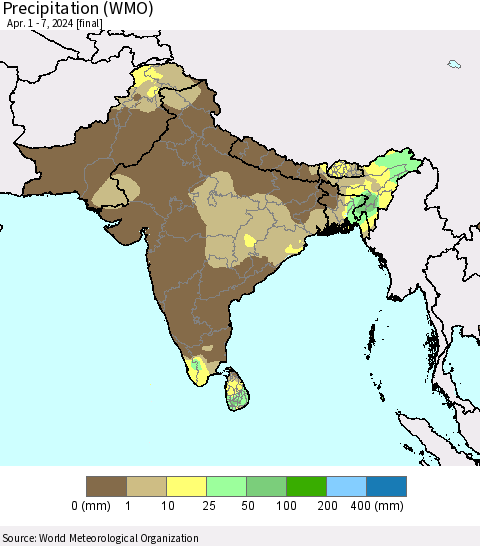 Southern Asia Precipitation (WMO) Thematic Map For 4/1/2024 - 4/7/2024