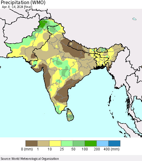 Southern Asia Precipitation (WMO) Thematic Map For 4/8/2024 - 4/14/2024