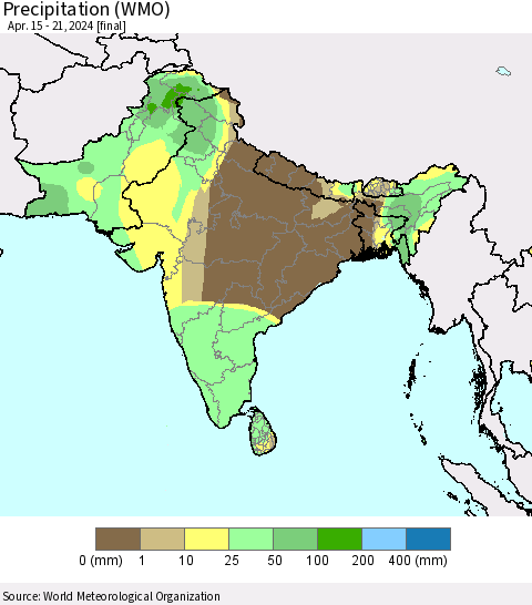 Southern Asia Precipitation (WMO) Thematic Map For 4/15/2024 - 4/21/2024
