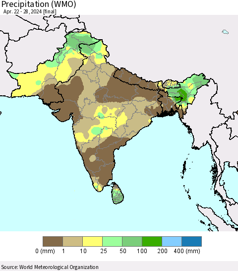 Southern Asia Precipitation (WMO) Thematic Map For 4/22/2024 - 4/28/2024