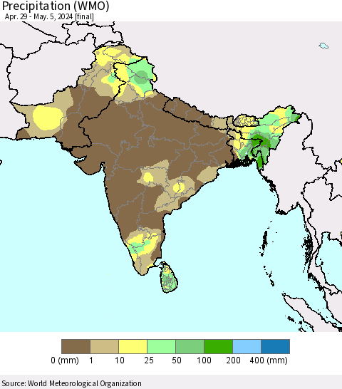 Southern Asia Precipitation (WMO) Thematic Map For 4/29/2024 - 5/5/2024