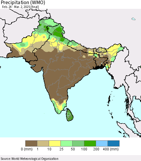 Southern Asia Precipitation (WMO) Thematic Map For 2/24/2025 - 3/2/2025