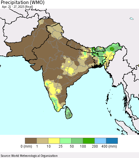 Southern Asia Precipitation (WMO) Thematic Map For 4/21/2025 - 4/27/2025