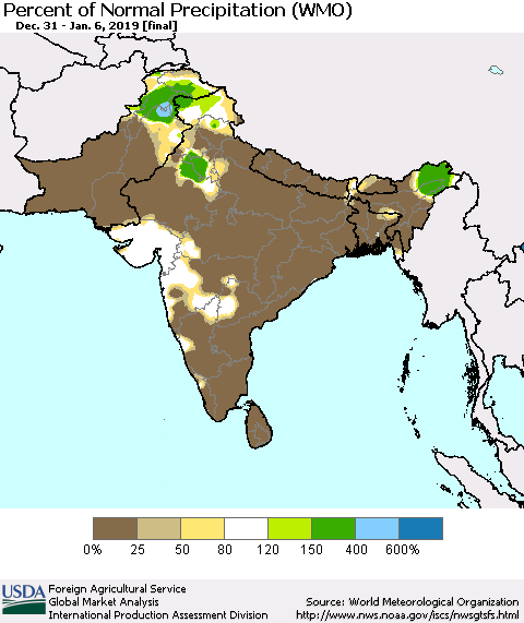 Southern Asia Percent of Normal Precipitation (WMO) Thematic Map For 12/31/2018 - 1/6/2019