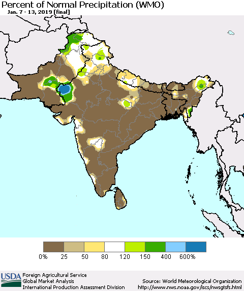 Southern Asia Percent of Normal Precipitation (WMO) Thematic Map For 1/7/2019 - 1/13/2019