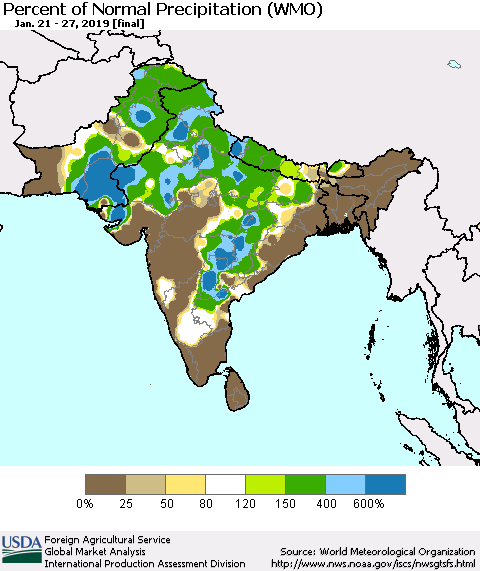 Southern Asia Percent of Normal Precipitation (WMO) Thematic Map For 1/21/2019 - 1/27/2019