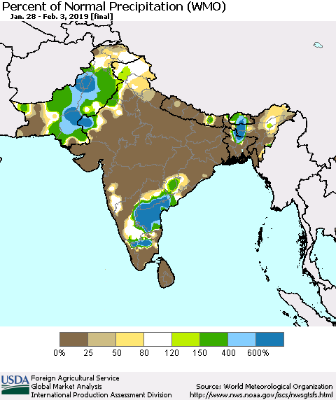 Southern Asia Percent of Normal Precipitation (WMO) Thematic Map For 1/28/2019 - 2/3/2019
