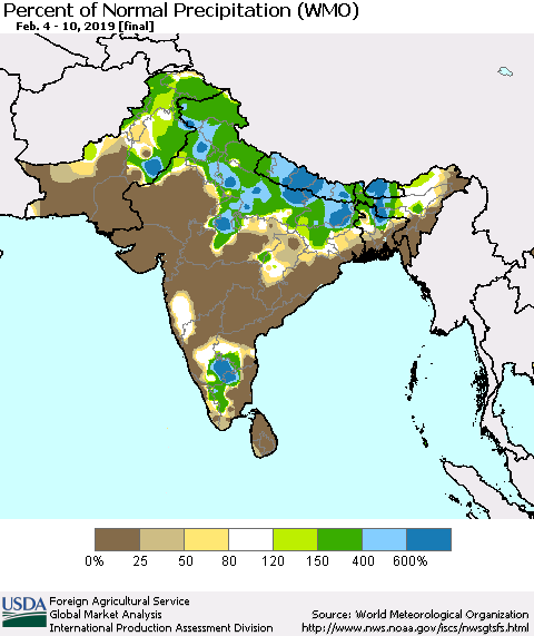 Southern Asia Percent of Normal Precipitation (WMO) Thematic Map For 2/4/2019 - 2/10/2019
