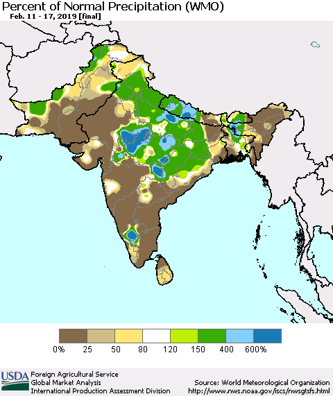 Southern Asia Percent of Normal Precipitation (WMO) Thematic Map For 2/11/2019 - 2/17/2019