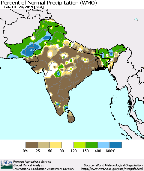 Southern Asia Percent of Normal Precipitation (WMO) Thematic Map For 2/18/2019 - 2/24/2019