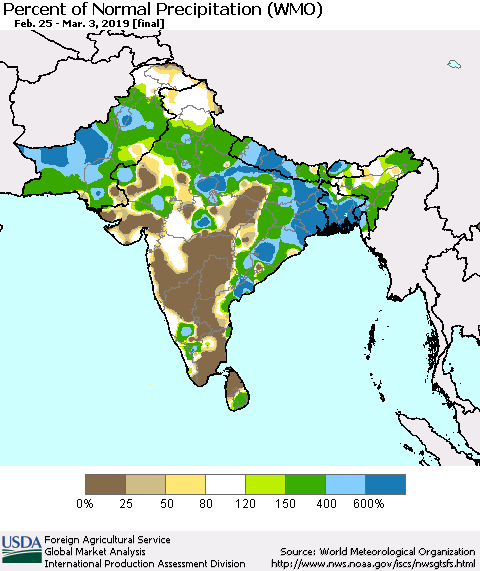 Southern Asia Percent of Normal Precipitation (WMO) Thematic Map For 2/25/2019 - 3/3/2019