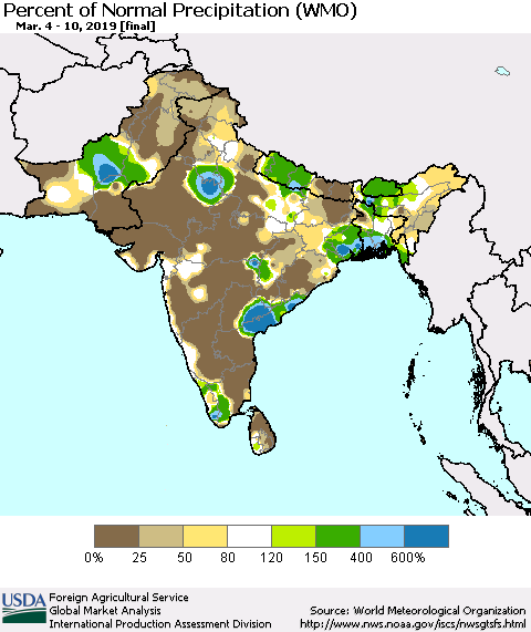 Southern Asia Percent of Normal Precipitation (WMO) Thematic Map For 3/4/2019 - 3/10/2019