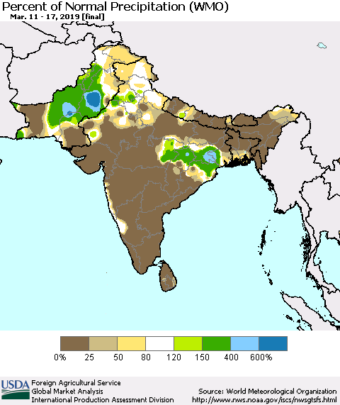 Southern Asia Percent of Normal Precipitation (WMO) Thematic Map For 3/11/2019 - 3/17/2019