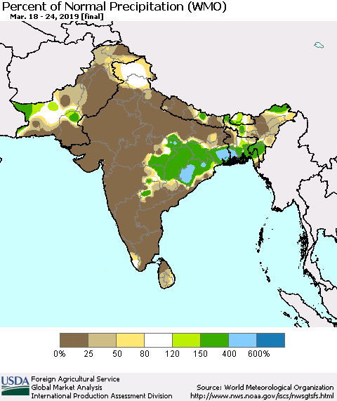 Southern Asia Percent of Normal Precipitation (WMO) Thematic Map For 3/18/2019 - 3/24/2019