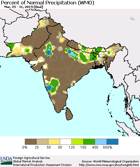 Southern Asia Percent of Normal Precipitation (WMO) Thematic Map For 3/25/2019 - 3/31/2019