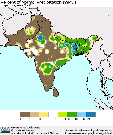 Southern Asia Percent of Normal Precipitation (WMO) Thematic Map For 4/1/2019 - 4/7/2019