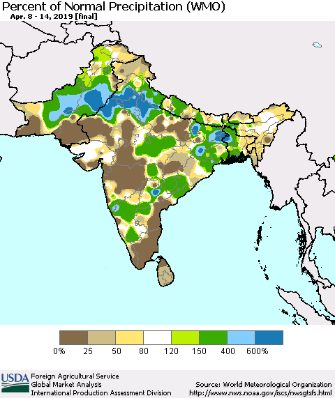 Southern Asia Percent of Normal Precipitation (WMO) Thematic Map For 4/8/2019 - 4/14/2019