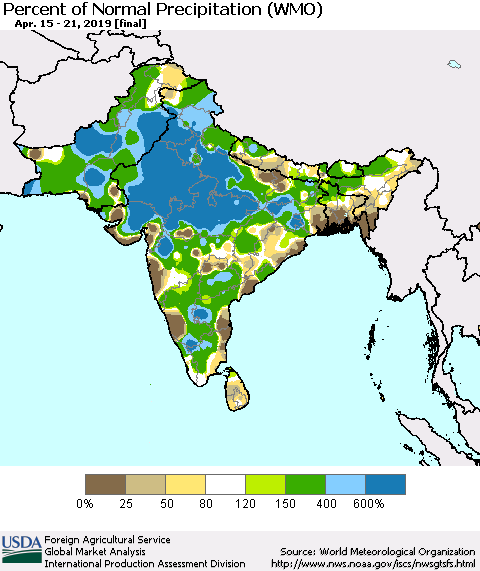 Southern Asia Percent of Normal Precipitation (WMO) Thematic Map For 4/15/2019 - 4/21/2019