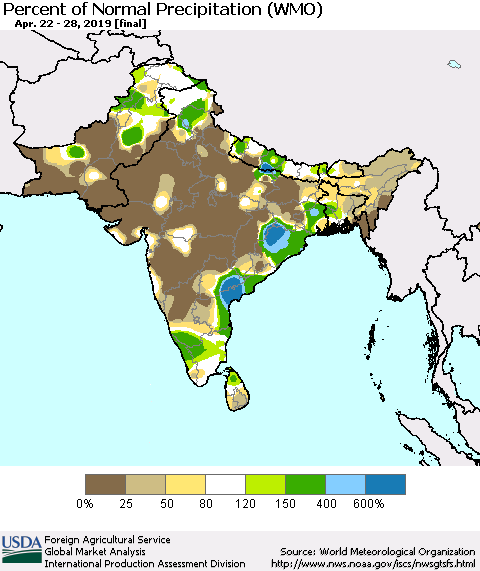 Southern Asia Percent of Normal Precipitation (WMO) Thematic Map For 4/22/2019 - 4/28/2019