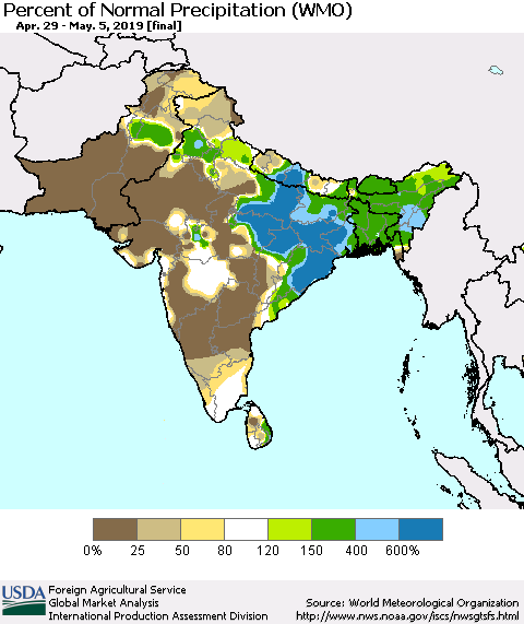 Southern Asia Percent of Normal Precipitation (WMO) Thematic Map For 4/29/2019 - 5/5/2019