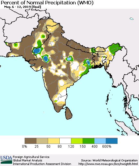 Southern Asia Percent of Normal Precipitation (WMO) Thematic Map For 5/6/2019 - 5/12/2019