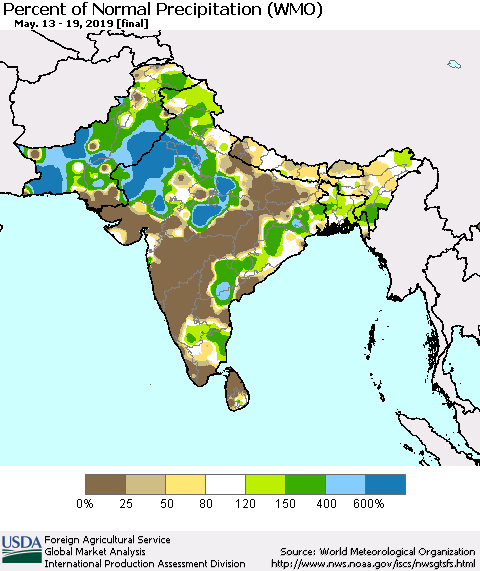 Southern Asia Percent of Normal Precipitation (WMO) Thematic Map For 5/13/2019 - 5/19/2019