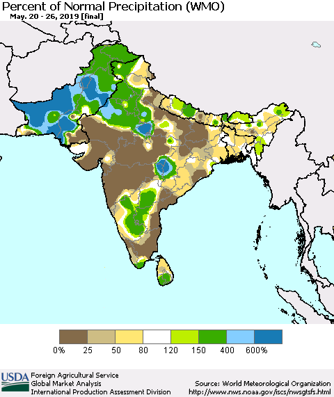 Southern Asia Percent of Normal Precipitation (WMO) Thematic Map For 5/20/2019 - 5/26/2019