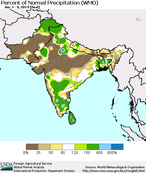 Southern Asia Percent of Normal Precipitation (WMO) Thematic Map For 6/3/2019 - 6/9/2019