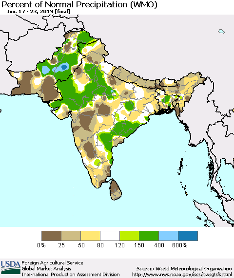 Southern Asia Percent of Normal Precipitation (WMO) Thematic Map For 6/17/2019 - 6/23/2019