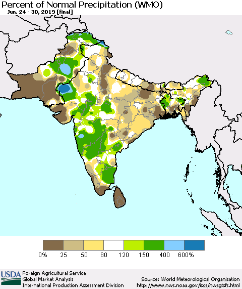 Southern Asia Percent of Normal Precipitation (WMO) Thematic Map For 6/24/2019 - 6/30/2019