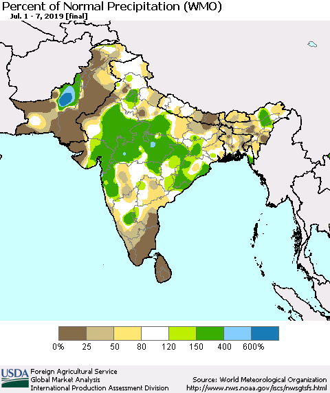 Southern Asia Percent of Normal Precipitation (WMO) Thematic Map For 7/1/2019 - 7/7/2019
