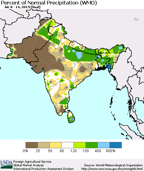 Southern Asia Percent of Normal Precipitation (WMO) Thematic Map For 7/8/2019 - 7/14/2019