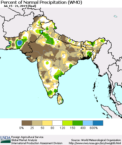 Southern Asia Percent of Normal Precipitation (WMO) Thematic Map For 7/15/2019 - 7/21/2019