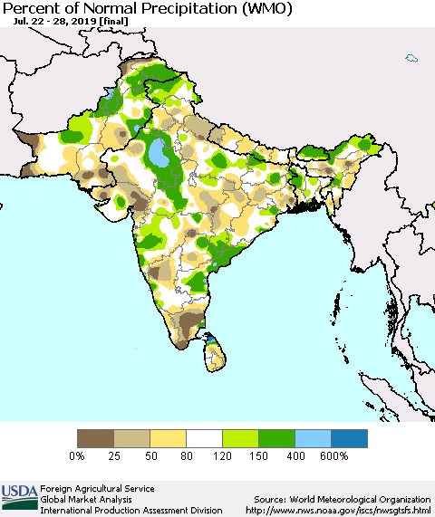 Southern Asia Percent of Normal Precipitation (WMO) Thematic Map For 7/22/2019 - 7/28/2019