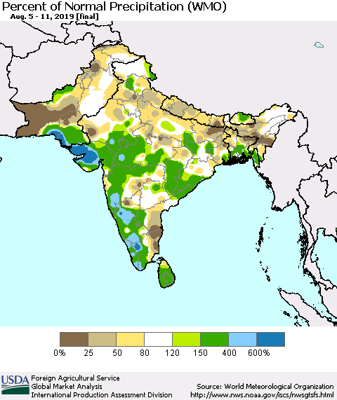 Southern Asia Percent of Normal Precipitation (WMO) Thematic Map For 8/5/2019 - 8/11/2019
