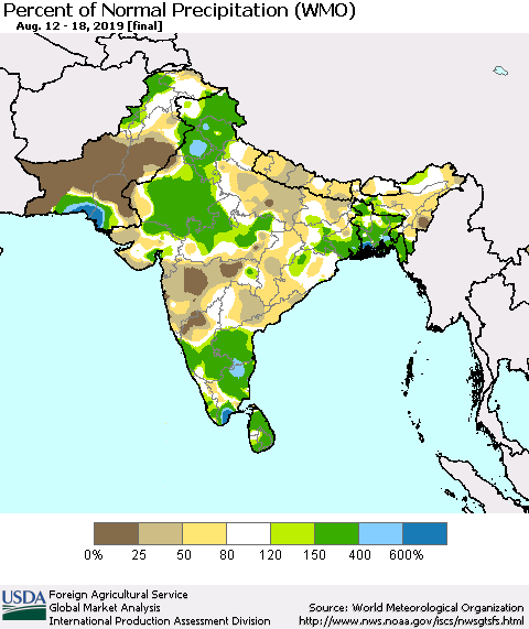 Southern Asia Percent of Normal Precipitation (WMO) Thematic Map For 8/12/2019 - 8/18/2019