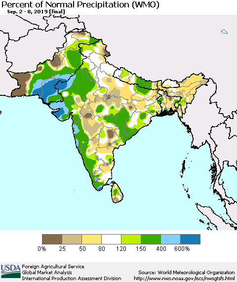Southern Asia Percent of Normal Precipitation (WMO) Thematic Map For 9/2/2019 - 9/8/2019