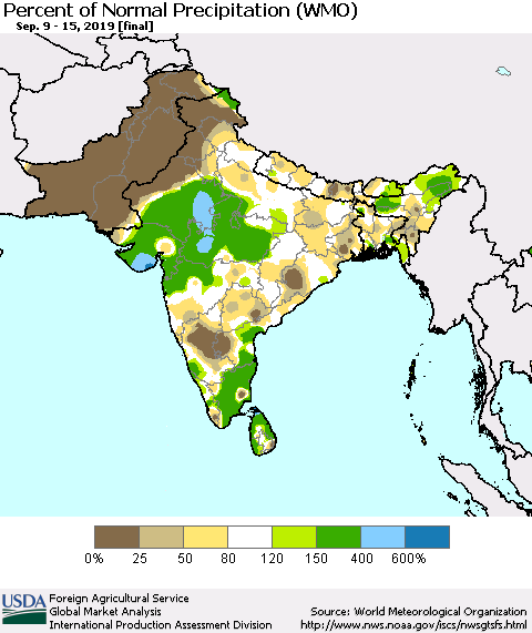 Southern Asia Percent of Normal Precipitation (WMO) Thematic Map For 9/9/2019 - 9/15/2019