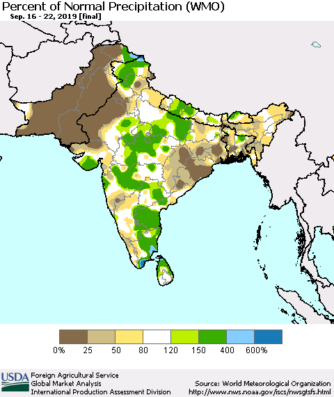 Southern Asia Percent of Normal Precipitation (WMO) Thematic Map For 9/16/2019 - 9/22/2019