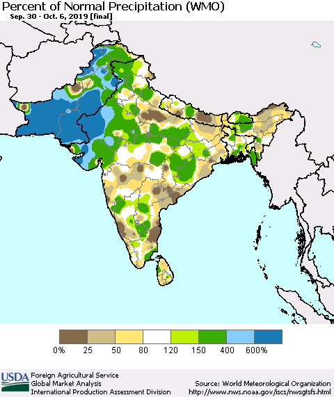 Southern Asia Percent of Normal Precipitation (WMO) Thematic Map For 9/30/2019 - 10/6/2019