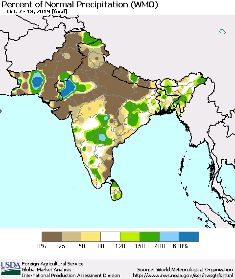 Southern Asia Percent of Normal Precipitation (WMO) Thematic Map For 10/7/2019 - 10/13/2019