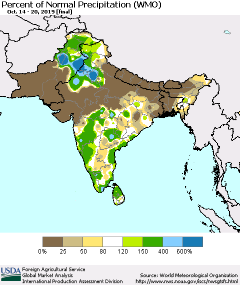 Southern Asia Percent of Normal Precipitation (WMO) Thematic Map For 10/14/2019 - 10/20/2019